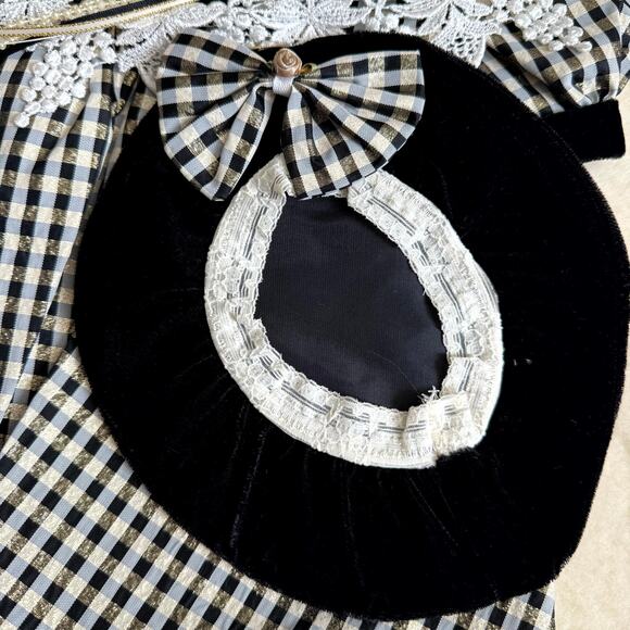 Vintage 90s Joy Kid Dress Set Girls 18M Black White Gold Check Lace Bow Hat - Picture 4 of 10